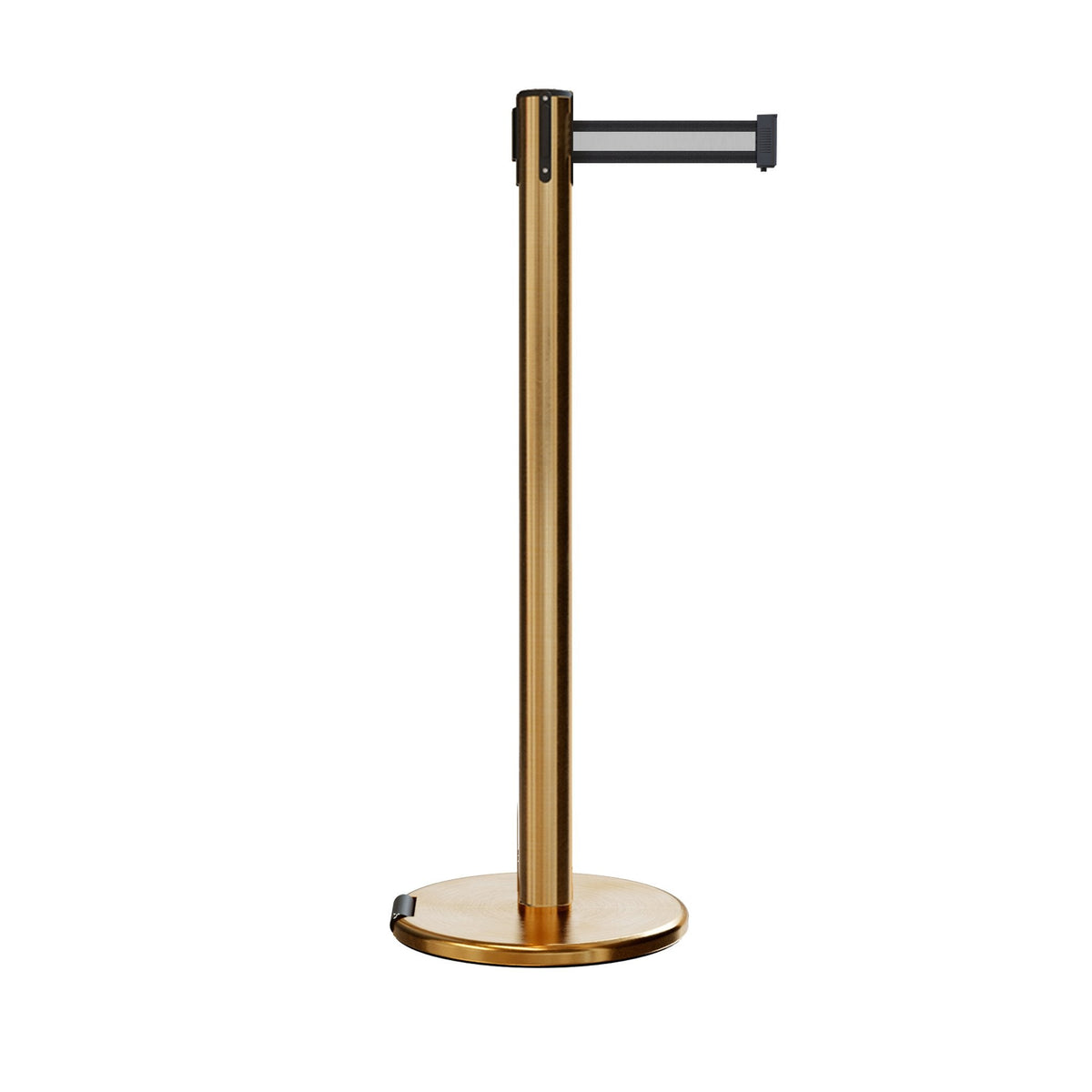 Retractable Belt Barrier Stanchion, Rolling Base, Satin Brass Post, 9 ft Belt - Montour Line ME630 - Crowd Control Warehouse