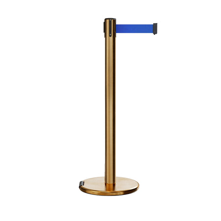 Retractable Belt Barrier Stanchion, Rolling Base, Satin Brass Post, 9 ft Belt - Montour Line ME630 - Crowd Control Warehouse