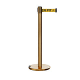 Retractable Belt Barrier Stanchion, Rolling Base, Satin Brass Post, 9 ft Belt - Montour Line ME630 - Crowd Control Warehouse