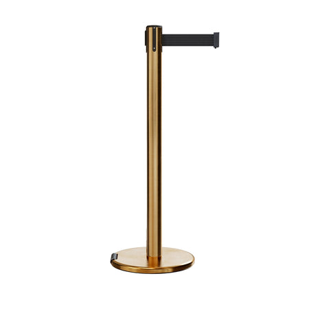 Retractable Belt Barrier Stanchion, Rolling Base, Satin Brass Post, 9 ft Belt - Montour Line ME630 - Crowd Control Warehouse