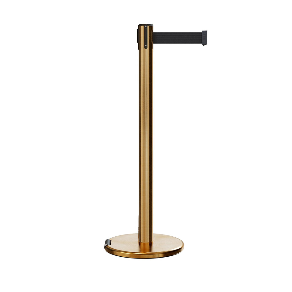 Retractable Belt Barrier Stanchion, Rolling Base, Satin Brass Post, 9 ft Belt - Montour Line ME630 - Crowd Control Warehouse