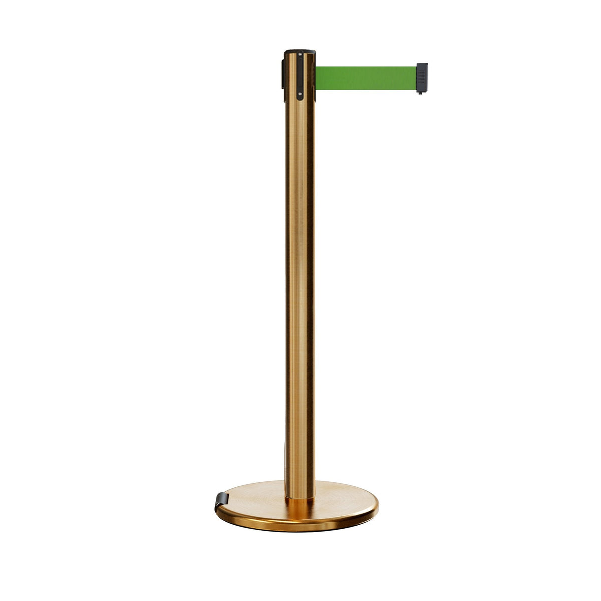 Retractable Belt Barrier Stanchion, Rolling Base, Satin Brass Post, 9 ft Belt - Montour Line ME630 - Crowd Control Warehouse