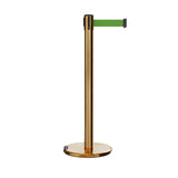 Retractable Belt Barrier Stanchion, Rolling Base, Satin Brass Post, 9 ft Belt - Montour Line ME630 - Crowd Control Warehouse