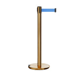 Retractable Belt Barrier Stanchion, Rolling Base, Satin Brass Post, 9 ft Belt - Montour Line ME630 - Crowd Control Warehouse