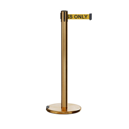 Retractable Belt Barrier Stanchion, Rolling Base, Satin Brass Post, 9 ft Belt - Montour Line ME630 - Crowd Control Warehouse