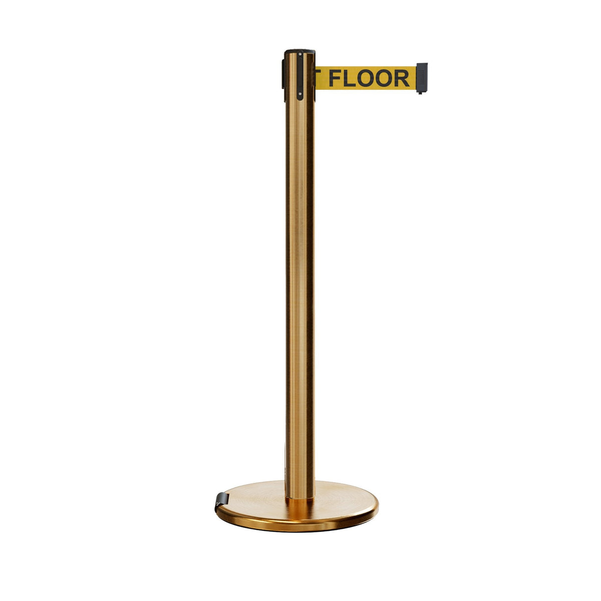 Retractable Belt Barrier Stanchion, Rolling Base, Satin Brass Post, 9 ft Belt - Montour Line ME630 - Crowd Control Warehouse