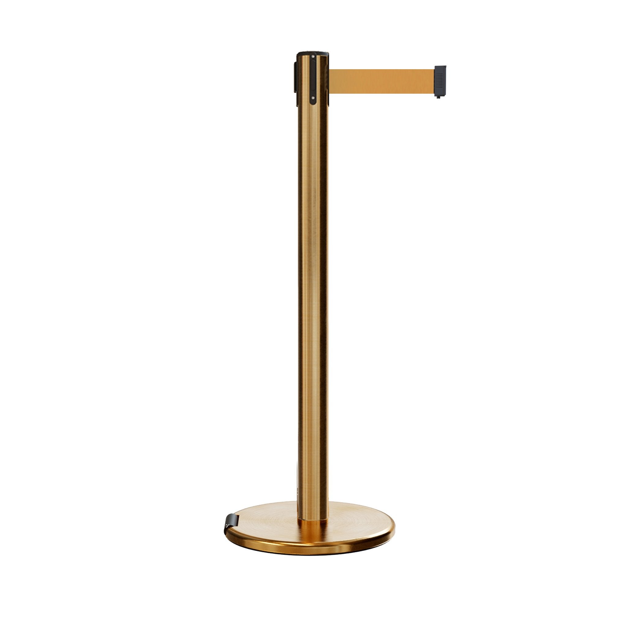 Retractable Belt Barrier Stanchion, Rolling Base, Satin Brass Post, 9 ft Belt - Montour Line ME630 - Crowd Control Warehouse