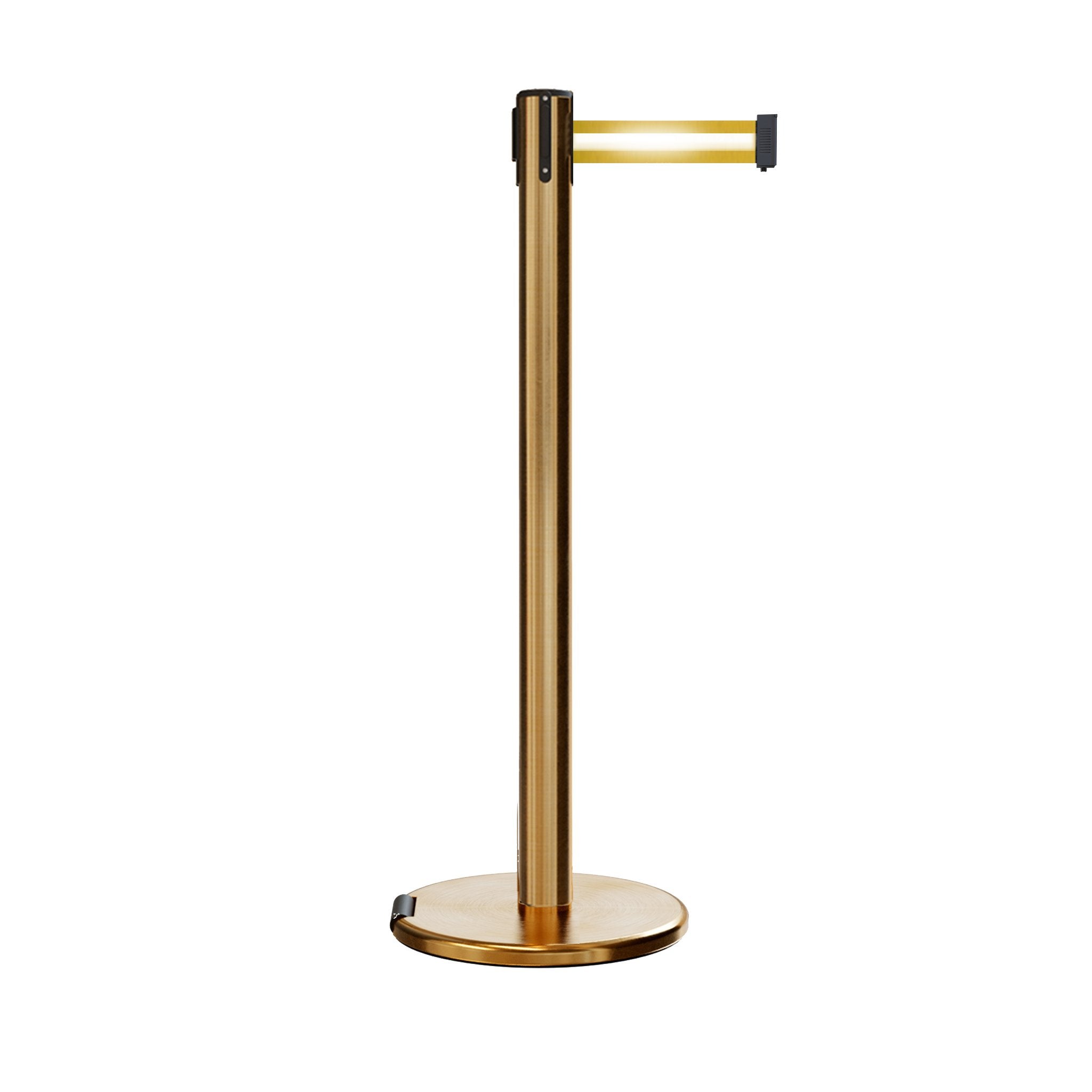 Retractable Belt Barrier Stanchion, Rolling Base, Satin Brass Post, 9 ft Belt - Montour Line ME630 - Crowd Control Warehouse