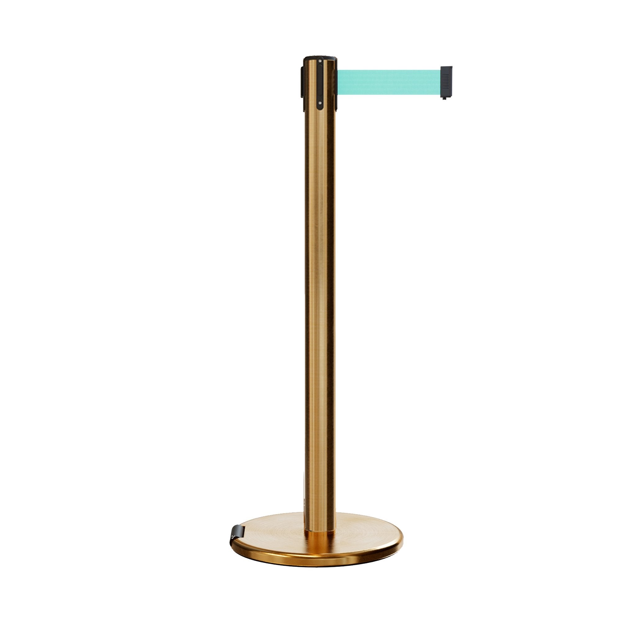 Retractable Belt Barrier Stanchion, Rolling Base, Satin Brass Post, 9 ft Belt - Montour Line ME630 - Crowd Control Warehouse