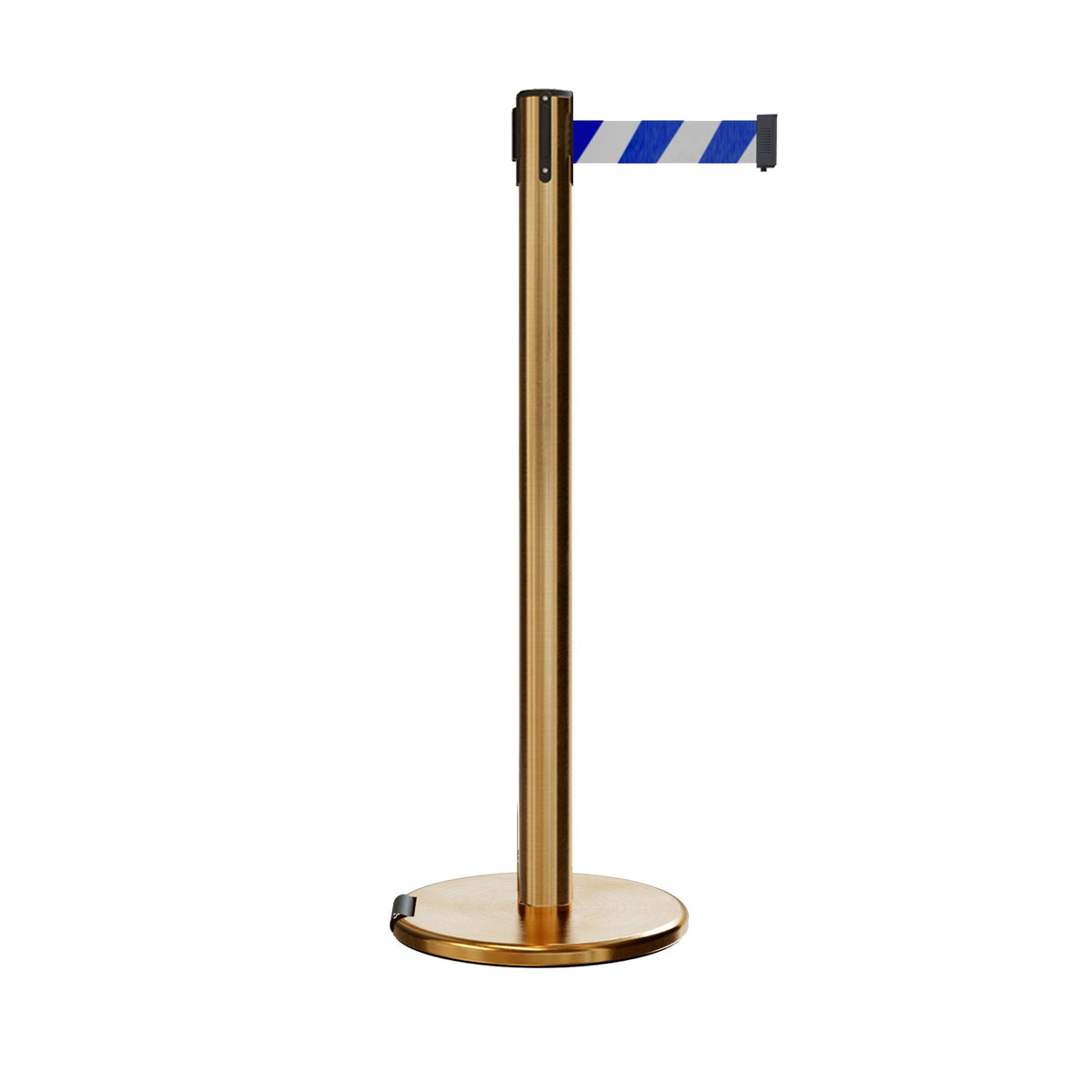 Retractable Belt Barrier Stanchion, Rolling Base, Satin Brass Post, 9 ft Belt - Montour Line ME630 - Crowd Control Warehouse