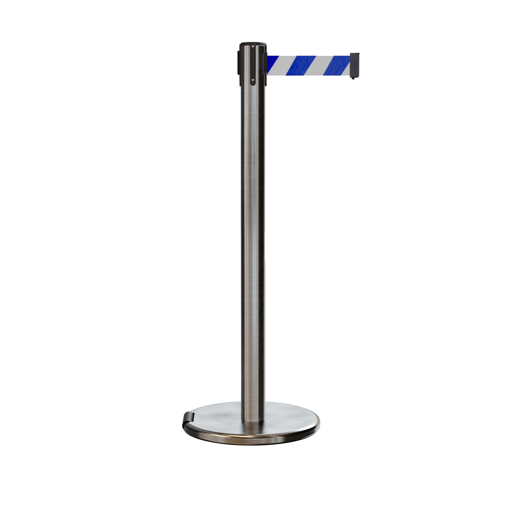 Retractable Belt Barrier Stanchion, Rolling Base, Satin Stainless Steel Post, 11 ft Belt - Montour Line ME630 - Crowd Control Warehouse