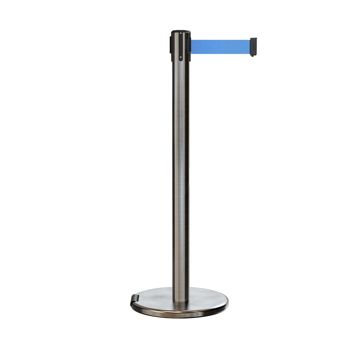 Retractable Belt Barrier Stanchion, Rolling Base, Satin Stainless Steel Post, 11 ft Belt - Montour Line ME630 - Crowd Control Warehouse