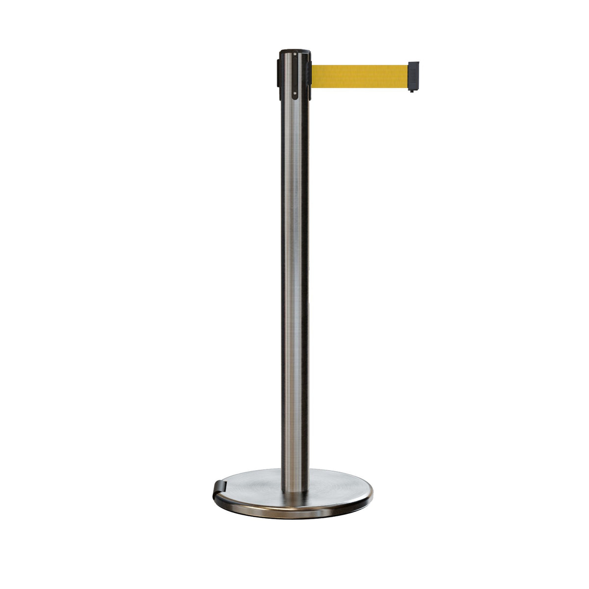 Retractable Belt Barrier Stanchion, Rolling Base, Satin Stainless Steel Post, 11 ft Belt - Montour Line ME630 - Crowd Control Warehouse