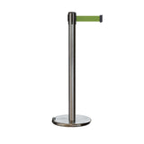 Retractable Belt Barrier Stanchion, Rolling Base, Satin Stainless Steel Post, 11 ft Belt - Montour Line ME630 - Crowd Control Warehouse