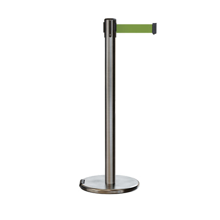 Retractable Belt Barrier Stanchion, Rolling Base, Satin Stainless Steel Post, 11 ft Belt - Montour Line ME630 - Crowd Control Warehouse