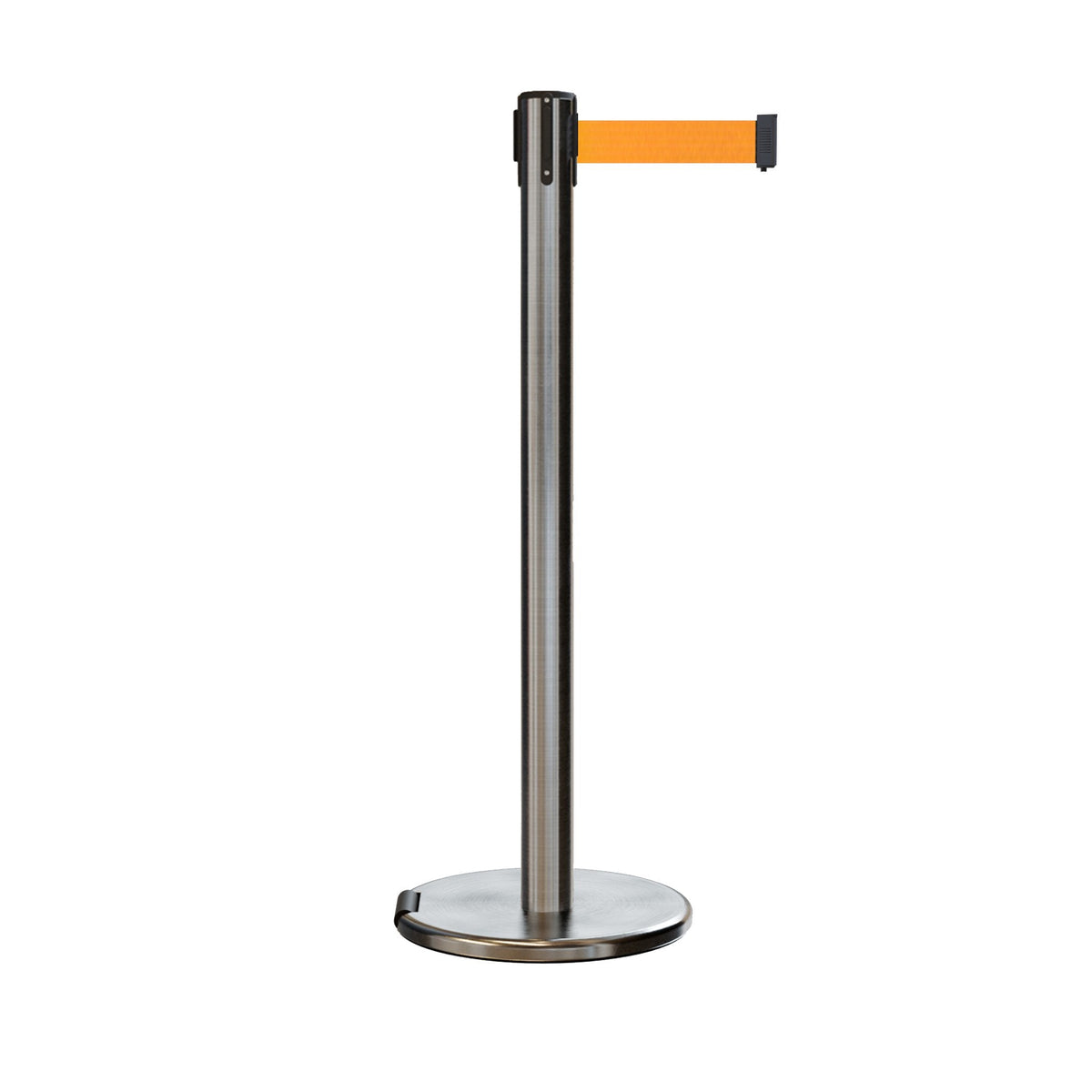 Retractable Belt Barrier Stanchion, Rolling Base, Satin Stainless Steel Post, 11 ft Belt - Montour Line ME630 - Crowd Control Warehouse