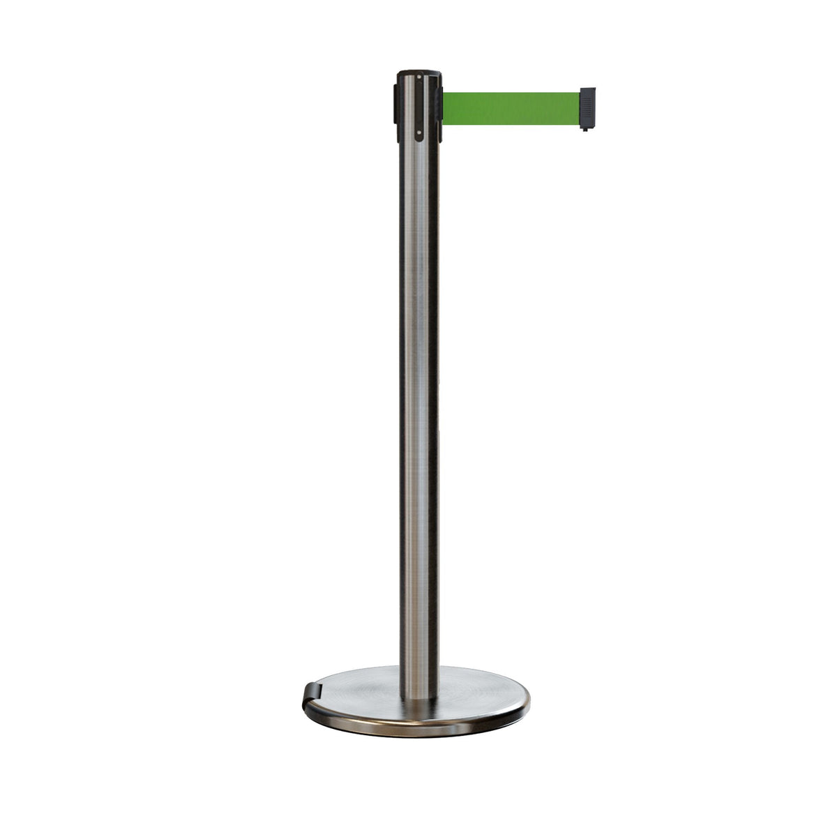 Retractable Belt Barrier Stanchion, Rolling Base, Satin Stainless Steel Post, 11 ft Belt - Montour Line ME630 - Crowd Control Warehouse