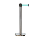 Retractable Belt Barrier Stanchion, Rolling Base, Satin Stainless Steel Post, 11 ft Belt - Montour Line ME630 - Crowd Control Warehouse