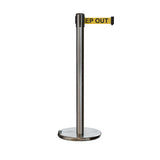 Retractable Belt Barrier Stanchion, Rolling Base, Satin Stainless Steel Post, 11 ft Belt - Montour Line ME630 - Crowd Control Warehouse