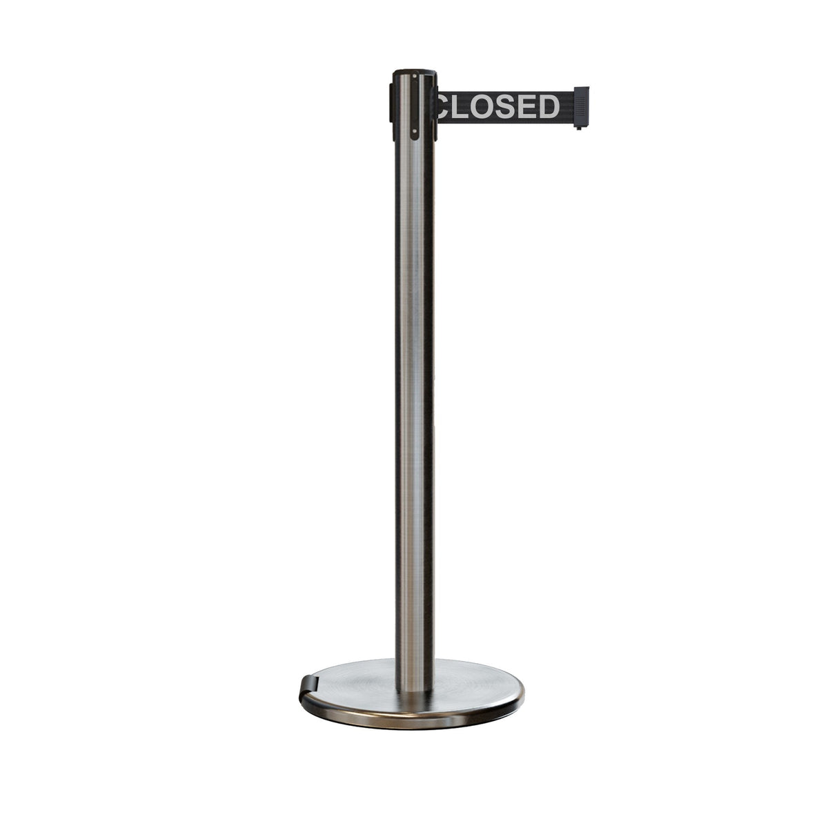 Retractable Belt Barrier Stanchion, Rolling Base, Satin Stainless Steel Post, 11 ft Belt - Montour Line ME630 - Crowd Control Warehouse