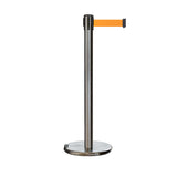 Retractable Belt Barrier Stanchion, Rolling Base, Satin Stainless Steel Post, 7.5 ft Belt - Montour Line ME630 - Crowd Control Warehouse