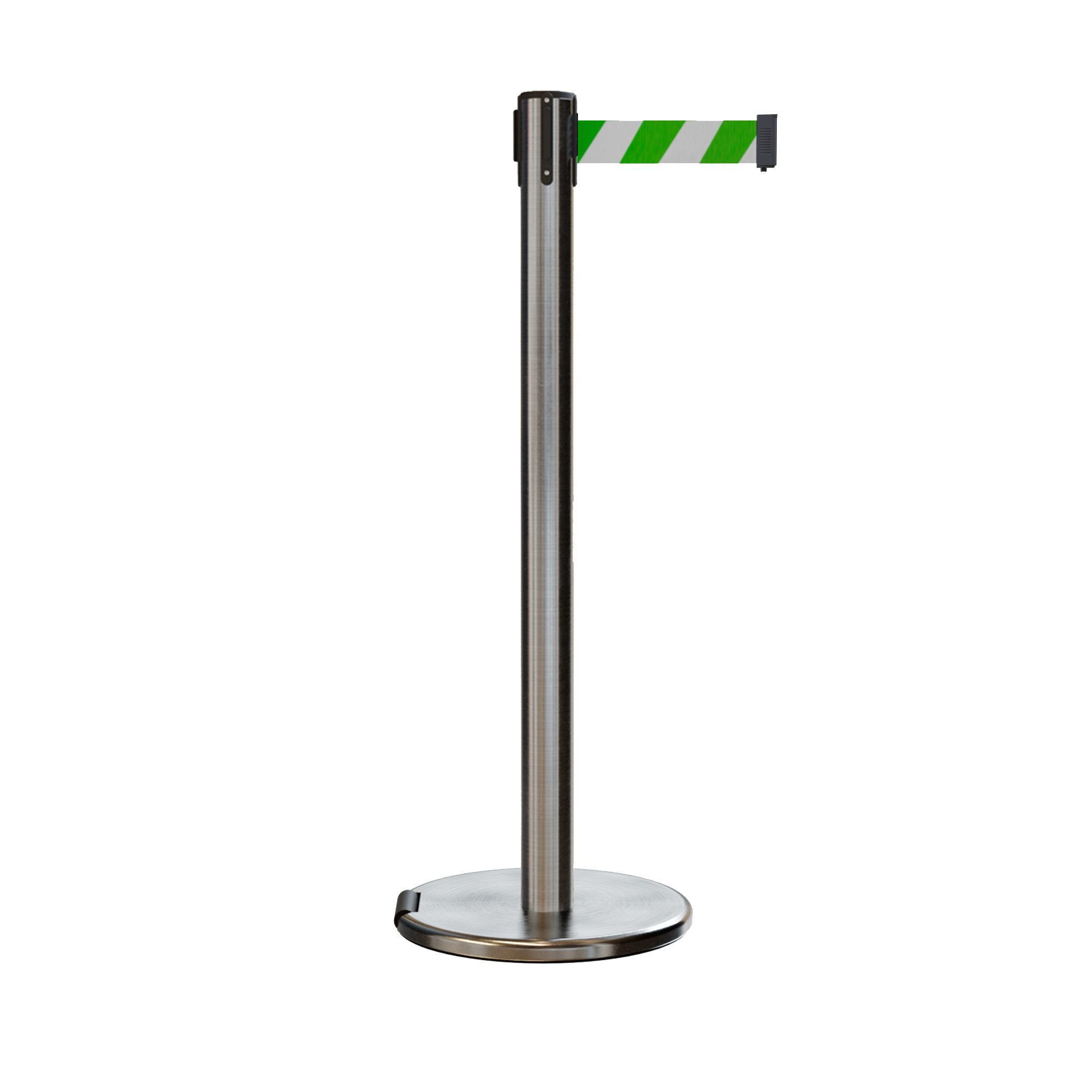 Retractable Belt Barrier Stanchion, Rolling Base, Satin Stainless Steel Post, 7.5 ft Belt - Montour Line ME630 - Crowd Control Warehouse