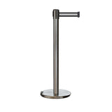 Retractable Belt Barrier Stanchion, Rolling Base, Satin Stainless Steel Post, 7.5 ft Belt - Montour Line ME630 - Crowd Control Warehouse