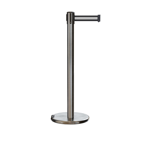 Retractable Belt Barrier Stanchion, Rolling Base, Satin Stainless Steel Post, 7.5 ft Belt - Montour Line ME630 - Crowd Control Warehouse