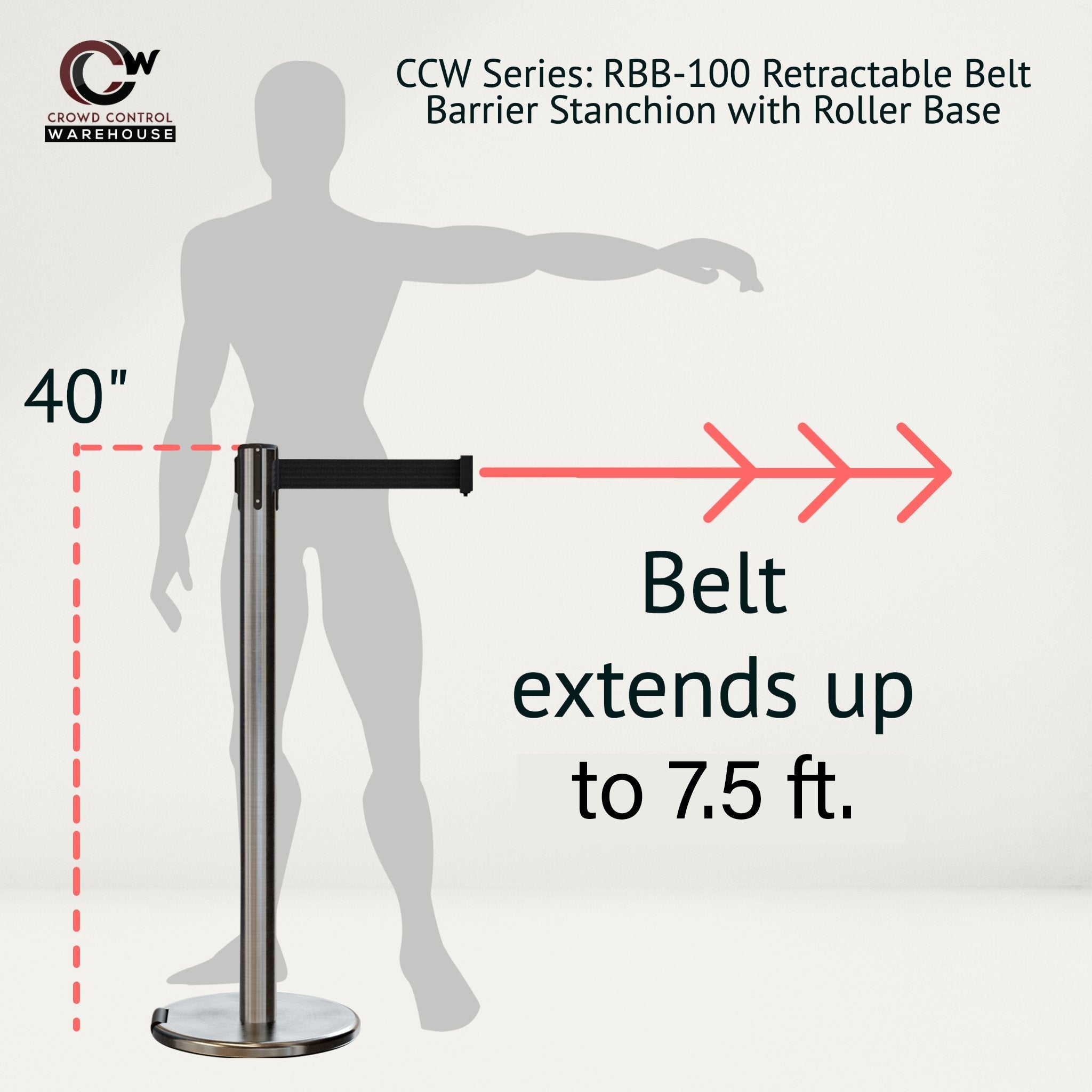 Retractable Belt Barrier Stanchion, Rolling Base, Satin Stainless Steel Post, 7.5 ft Belt - Montour Line ME630 - Crowd Control Warehouse