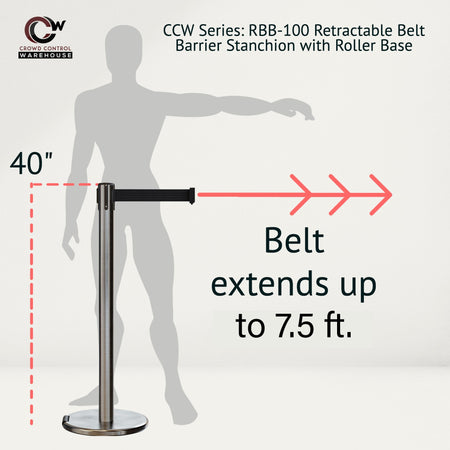 Retractable Belt Barrier Stanchion, Rolling Base, Satin Stainless Steel Post, 7.5 ft Belt - Montour Line ME630 - Crowd Control Warehouse