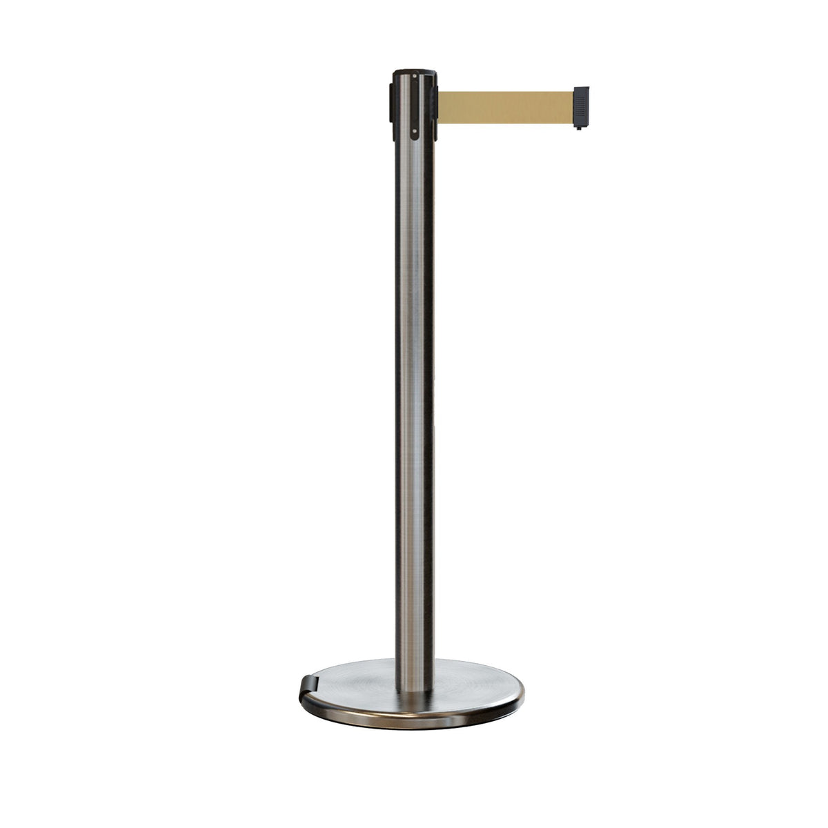 Retractable Belt Barrier Stanchion, Rolling Base, Satin Stainless Steel Post, 7.5 ft Belt - Montour Line ME630 - Crowd Control Warehouse