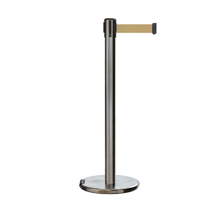 Retractable Belt Barrier Stanchion, Rolling Base, Satin Stainless Steel Post, 7.5 ft Belt - Montour Line ME630 - Crowd Control Warehouse