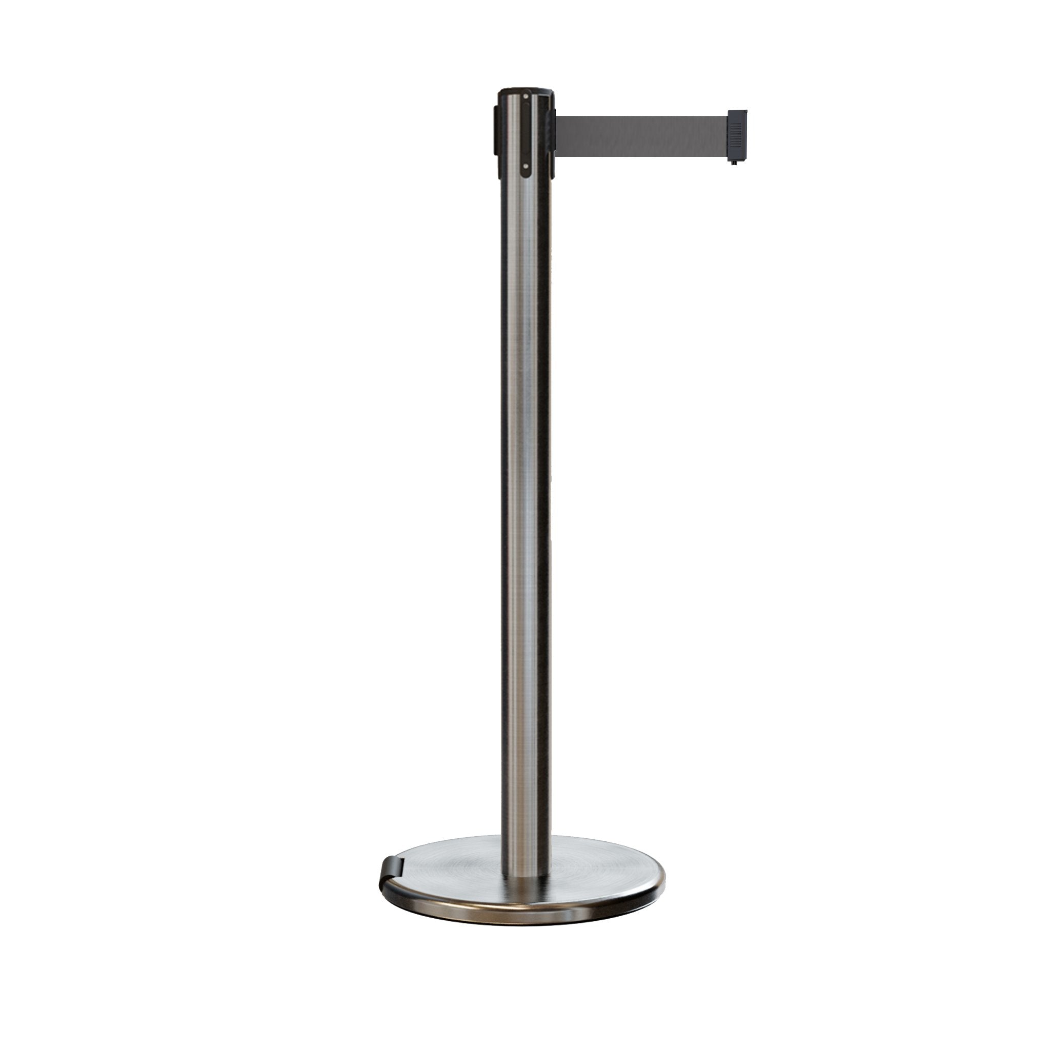 Retractable Belt Barrier Stanchion, Rolling Base, Satin Stainless Steel Post, 7.5 ft Belt - Montour Line ME630 - Crowd Control Warehouse