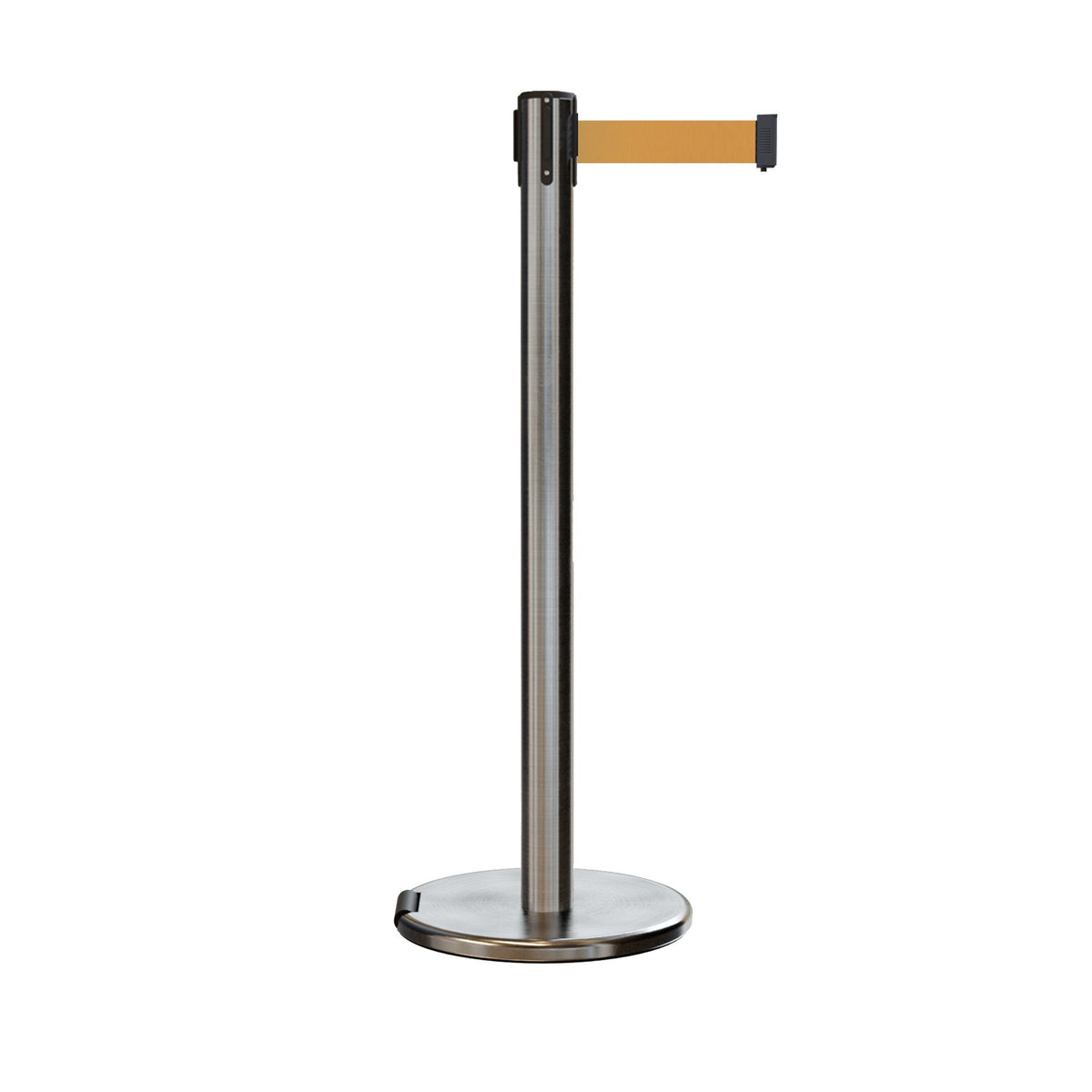 Retractable Belt Barrier Stanchion, Rolling Base, Satin Stainless Steel Post, 7.5 ft Belt - Montour Line ME630 - Crowd Control Warehouse