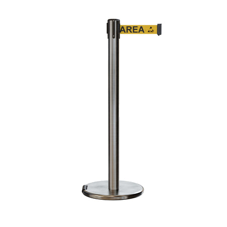 Retractable Belt Barrier Stanchion, Rolling Base, Satin Stainless Steel Post, 9 ft Belt - Montour Line ME630 - Crowd Control Warehouse