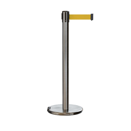 Retractable Belt Barrier Stanchion, Rolling Base, Satin Stainless Steel Post, 9 ft Belt - Montour Line ME630 - Crowd Control Warehouse