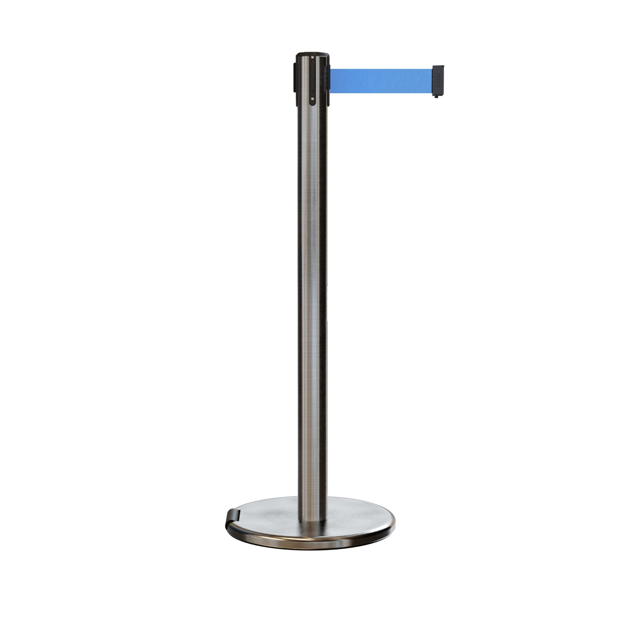 Retractable Belt Barrier Stanchion, Rolling Base, Satin Stainless Steel Post, 9 ft Belt - Montour Line ME630 - Crowd Control Warehouse