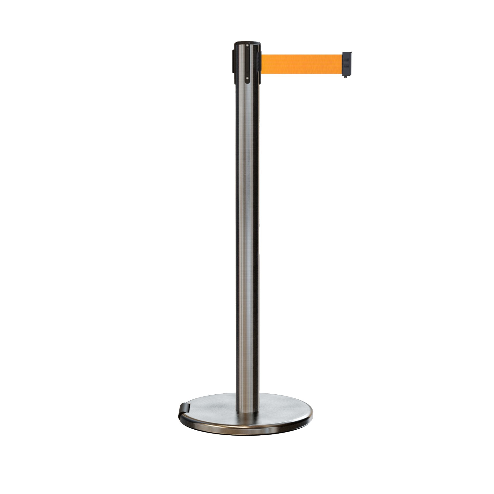Retractable Belt Barrier Stanchion, Rolling Base, Satin Stainless Steel Post, 9 ft Belt - Montour Line ME630 - Crowd Control Warehouse