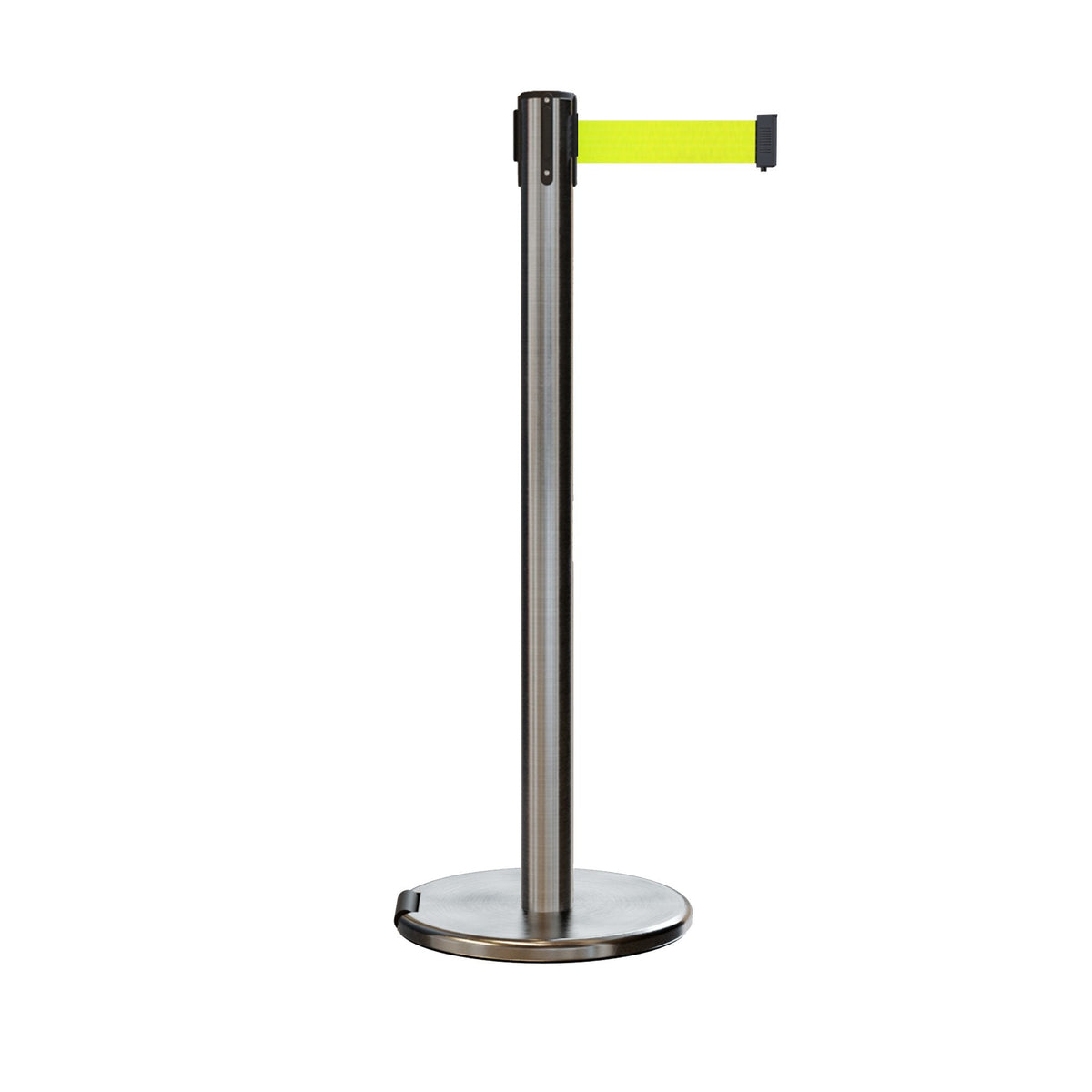 Retractable Belt Barrier Stanchion, Rolling Base, Satin Stainless Steel Post, 9 ft Belt - Montour Line ME630 - Crowd Control Warehouse