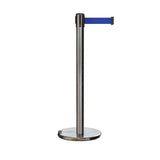 Retractable Belt Barrier Stanchion, Rolling Base, Satin Stainless Steel Post, 9 ft Belt - Montour Line ME630 - Crowd Control Warehouse