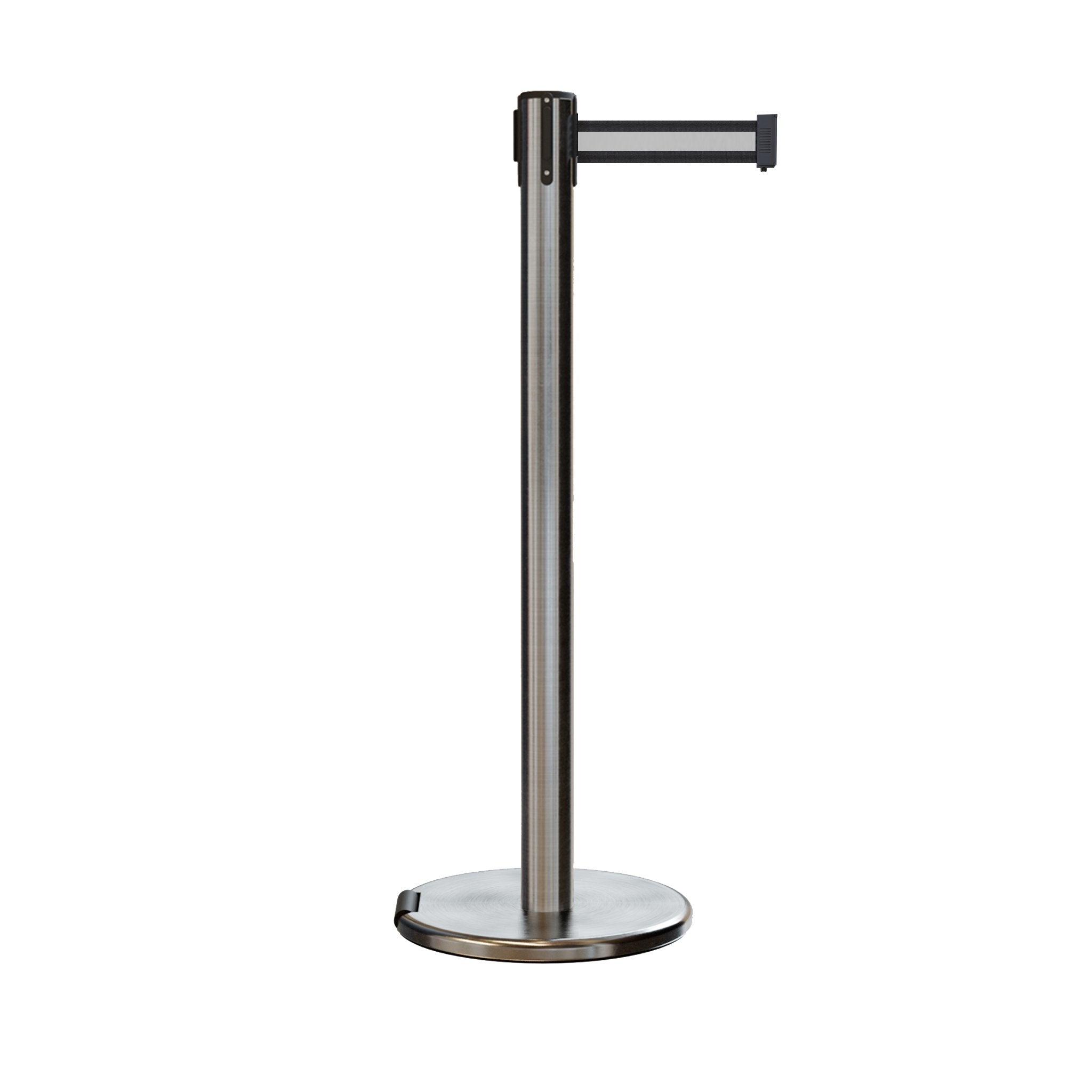 Retractable Belt Barrier Stanchion, Rolling Base, Satin Stainless Steel Post, 9 ft Belt - Montour Line ME630 - Crowd Control Warehouse