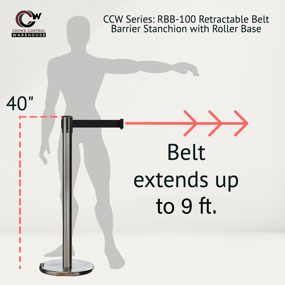 Retractable Belt Barrier Stanchion, Rolling Base, Satin Stainless Steel Post, 9 ft Belt - Montour Line ME630 - Crowd Control Warehouse