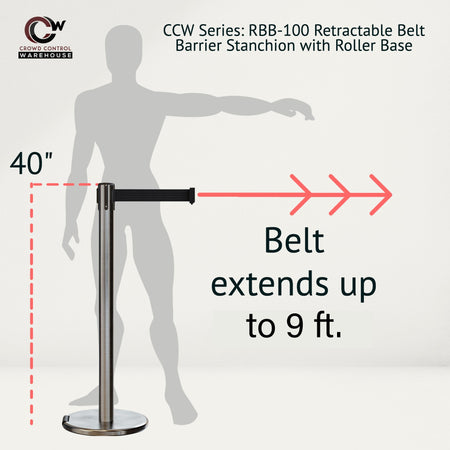 Retractable Belt Barrier Stanchion, Rolling Base, Satin Stainless Steel Post, 9 ft Belt - Montour Line ME630 - Crowd Control Warehouse
