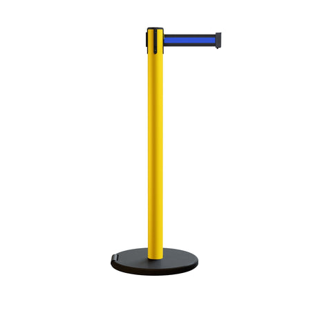 Retractable Belt Barrier Stanchion, Rolling Base, Yellow Steel Post, 11 ft Belt - Montour Line MSE630 - Crowd Control Warehouse