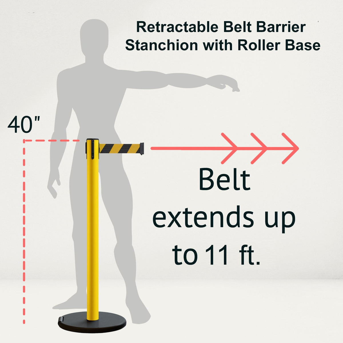 Retractable Belt Barrier Stanchion, Rolling Base, Yellow Steel Post, 11 ft Belt - Montour Line MSE630 - Crowd Control Warehouse