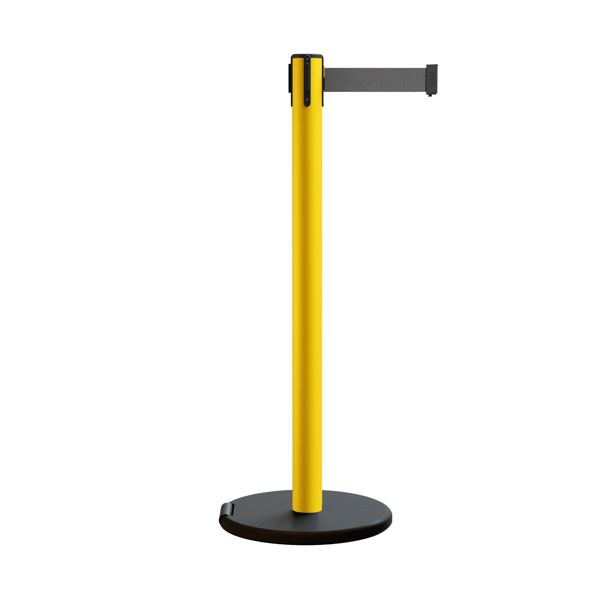 Retractable Belt Barrier Stanchion, Rolling Base, Yellow Steel Post, 11 ft Belt - Montour Line MSE630 - Crowd Control Warehouse