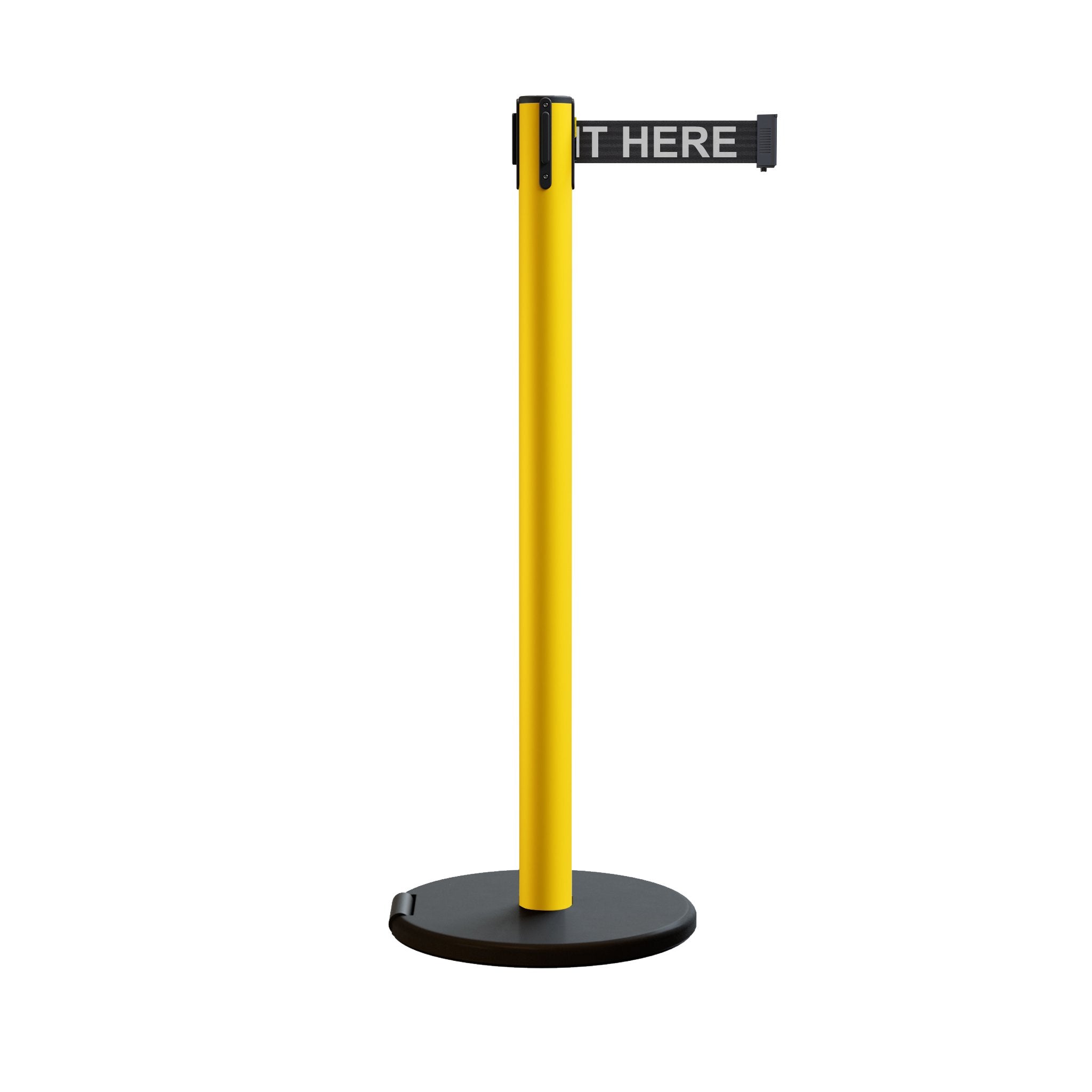 Retractable Belt Barrier Stanchion, Rolling Base, Yellow Steel Post, 11 ft Belt - Montour Line MSE630 - Crowd Control Warehouse
