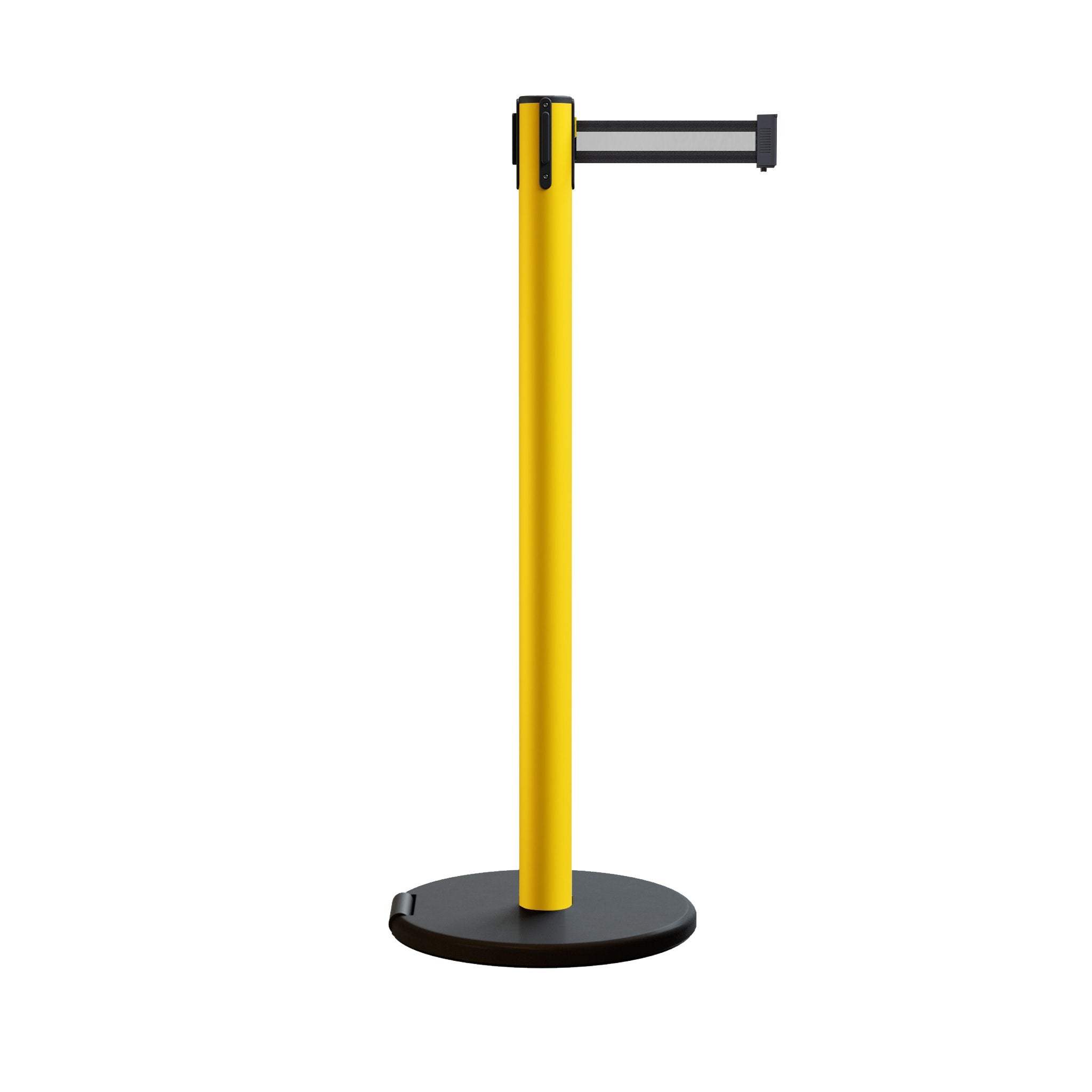Retractable Belt Barrier Stanchion, Rolling Base, Yellow Steel Post, 11 ft Belt - Montour Line MSE630 - Crowd Control Warehouse
