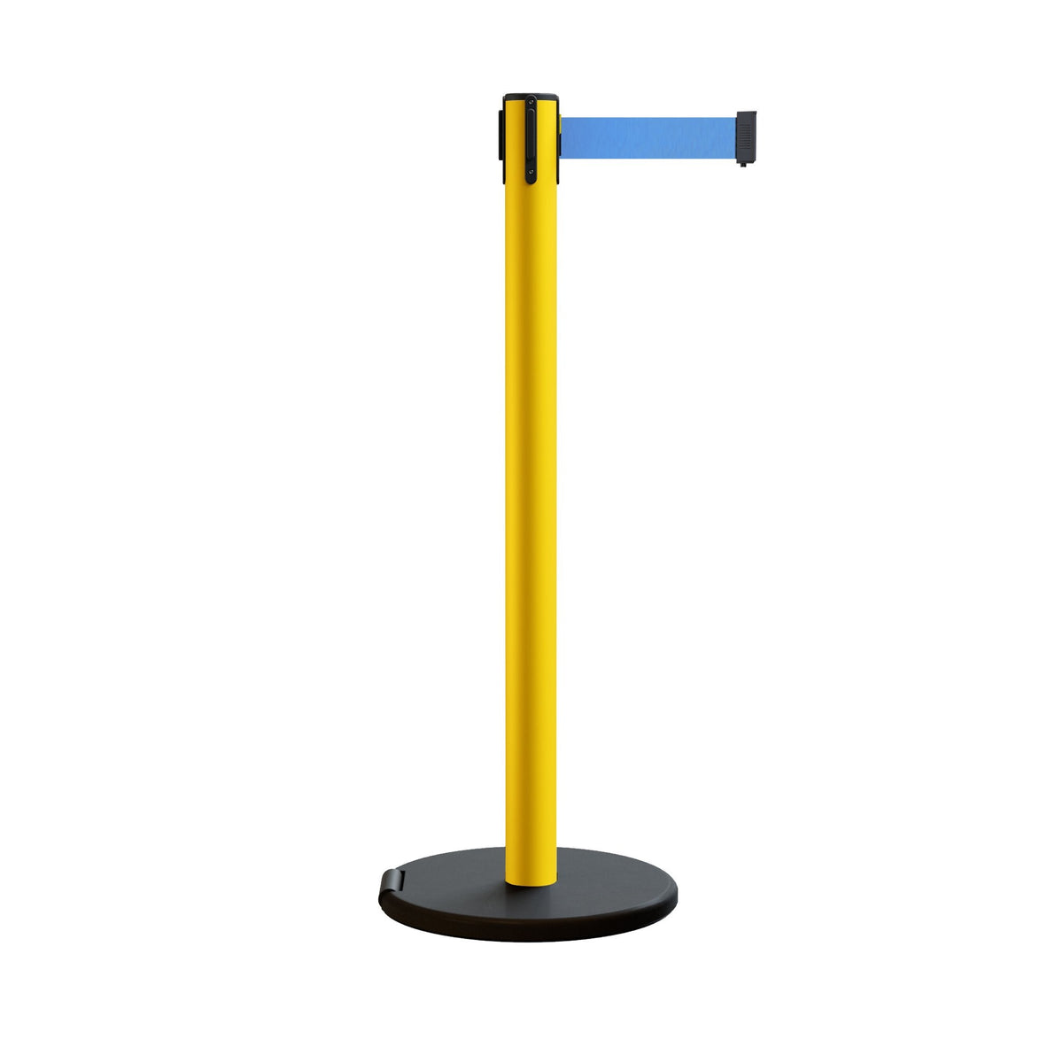 Retractable Belt Barrier Stanchion, Rolling Base, Yellow Steel Post, 13 ft Belt - Montour Line MSE630 - Crowd Control Warehouse