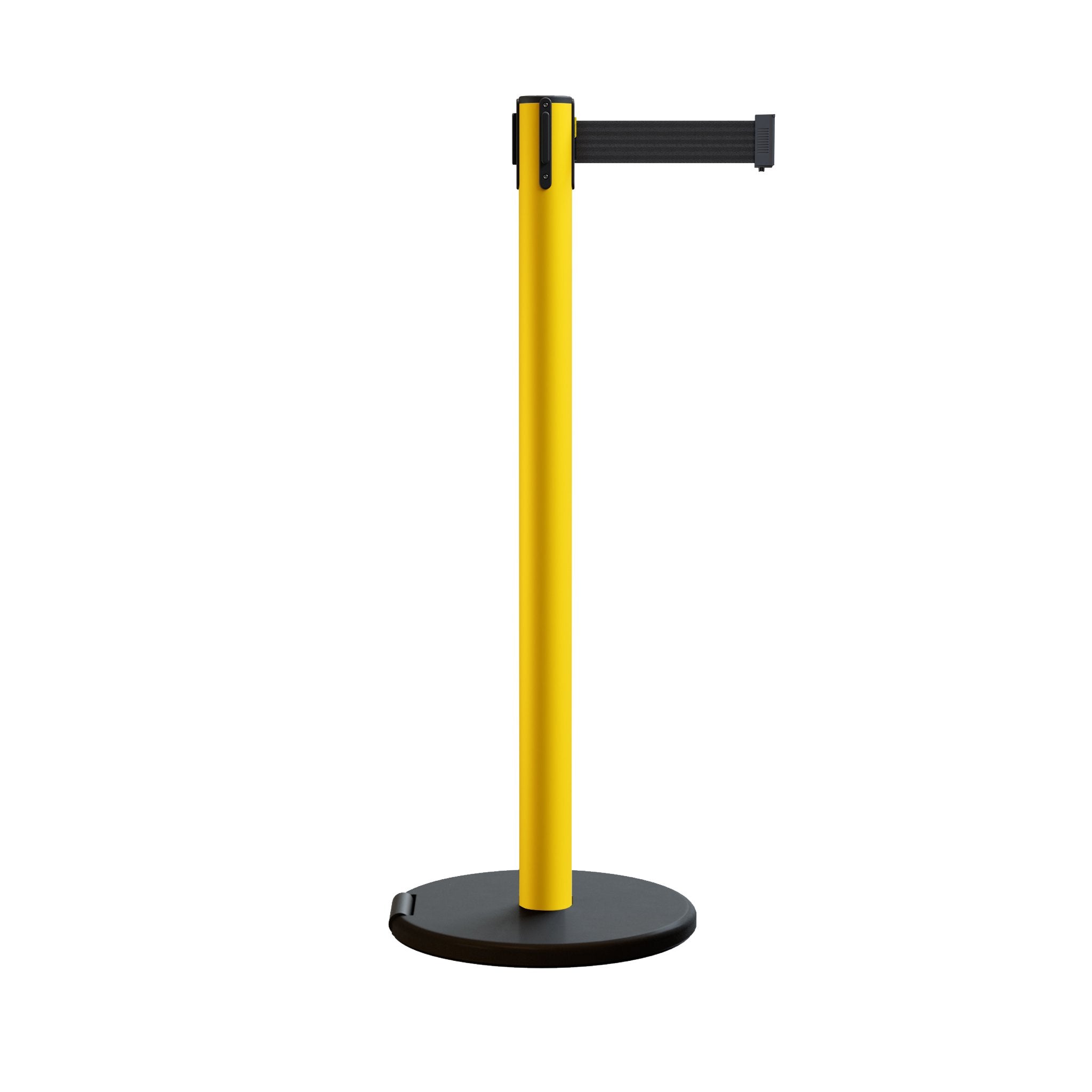Retractable Belt Barrier Stanchion, Rolling Base, Yellow Steel Post, 13 ft Belt - Montour Line MSE630 - Crowd Control Warehouse